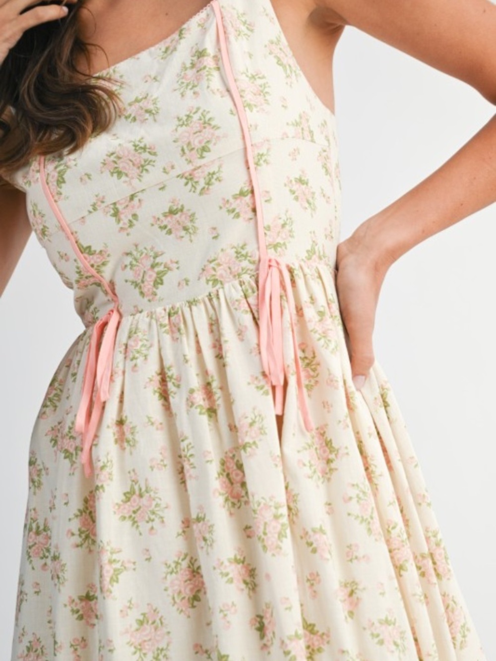 Floral Print Square Neck Contrast Pipinig Dress - Picture 7 of 8